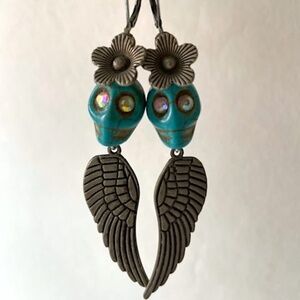 Halloween Day of the Dead Turquoise Skull Earrings with Wings Pierced